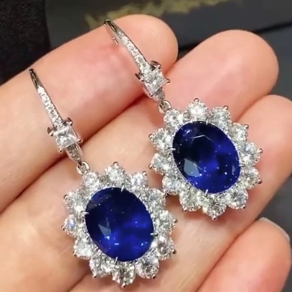 Oval Blue Cubic Zirconia Drop Hook Earrings - Picture 2 of 4